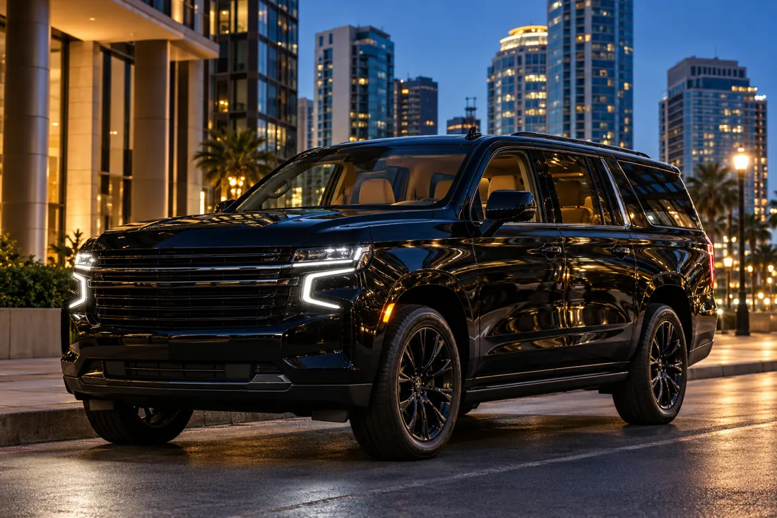 Imagem ilustrativa criada por IA: SUV preto pronto para receber sua família em Orlando