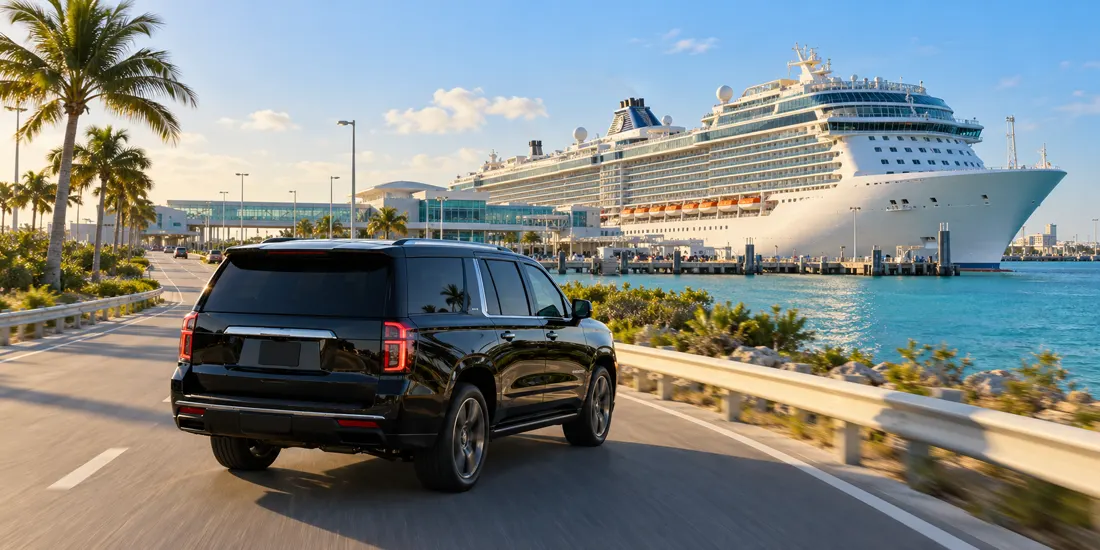 Cena ilustrativa criada por IA: SUV preto próximo a um porto de cruzeiros
