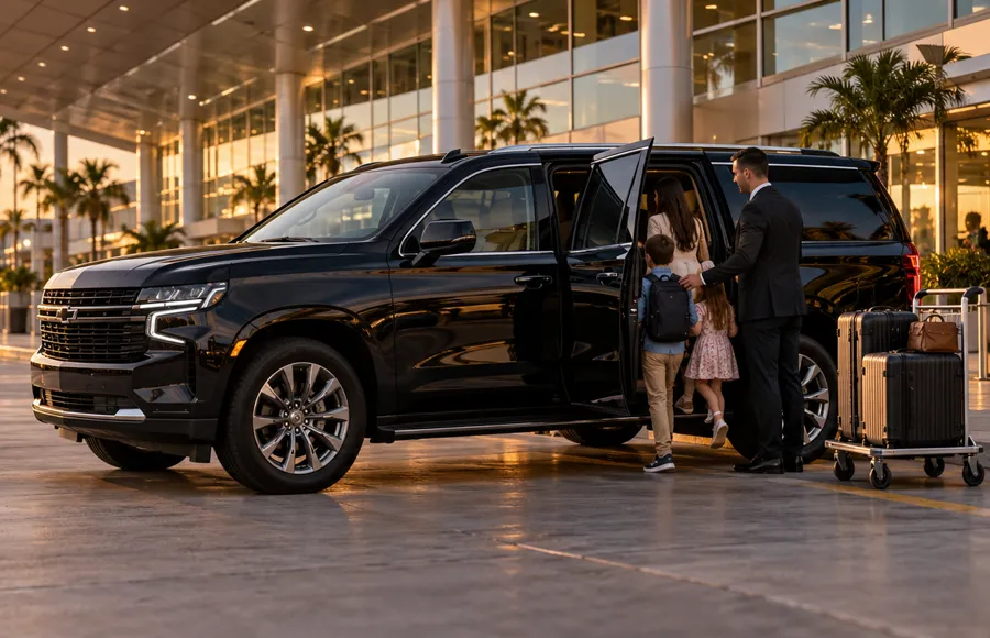 Imagem ilustrativa criada por IA: SUV preto com motorista recebendo família no aeroporto de Orlando